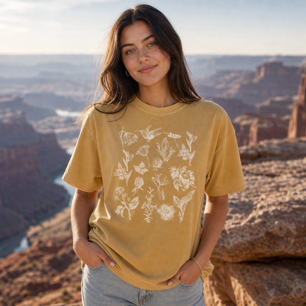 Woman wearing a mustard Comfort Colors 1717 t-shirt featuring intricate white vintage botanical and hummingbird sketches, standing at a scenic canyon overlook, by Crossroads Dandelion