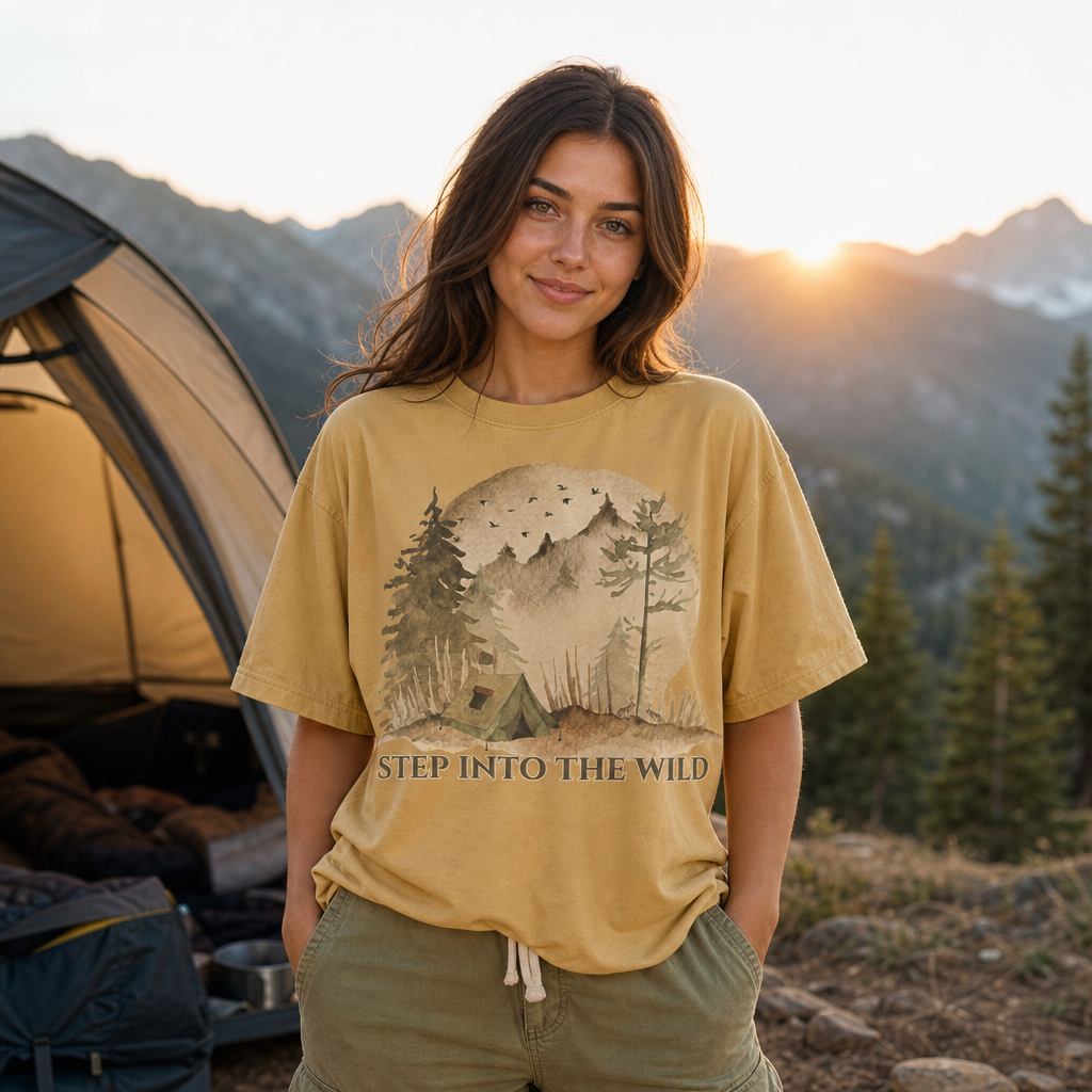 Woman wearing a mustard Comfort Colors 1717 t-shirt with a watercolor camping design featuring a green tent, pine trees, misty forest, full moon, and birds in a mountain sunset camping scene, by Crossroads Dandelion