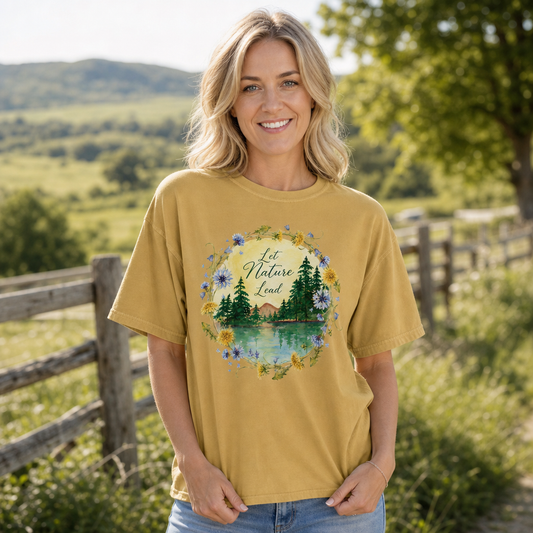 Woman wearing a mustard Comfort Colors 1717 t-shirt with a watercolor-style forest and lake design framed by yellow and blue wildflowers, standing by a wooden fence in a grassy countryside, by Crossroads Dandelion