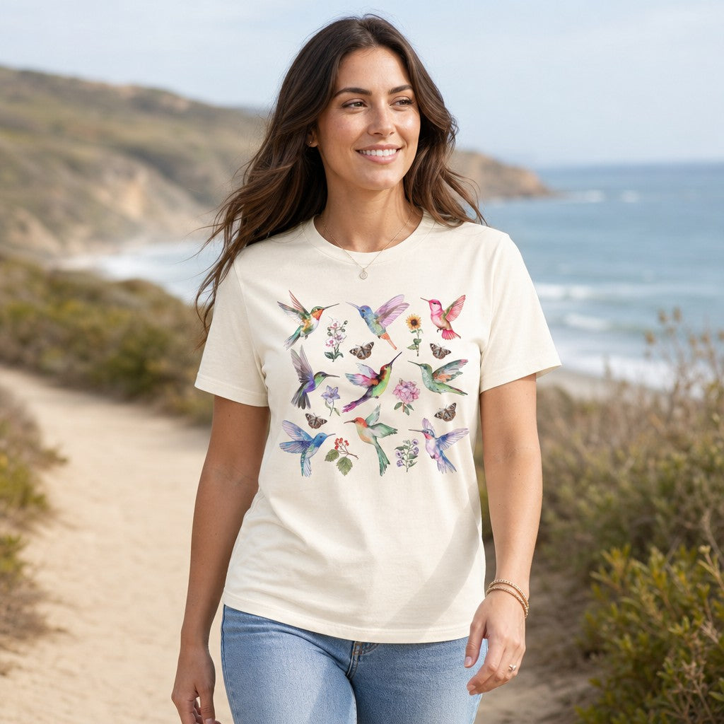 Woman wearing a natural Bella Canvas 3001 t-shirt featuring a dreamy watercolor illustration of vibrant hummingbirds, wildflowers, and whimsical butterflies in a lush botanicals theme, walking on a coastal trail, by Crossroads Dandelion