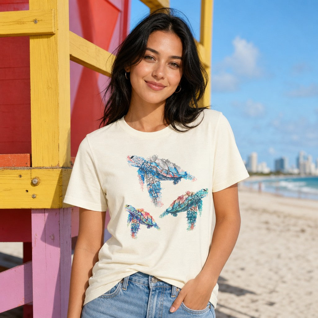 Woman wearing natural Bella Canvas 3001 t-shirt featuring dreamy watercolor sea turtle illustration in blue, teal, and coral hues on a sunny beach, by Crossroads Dandelion