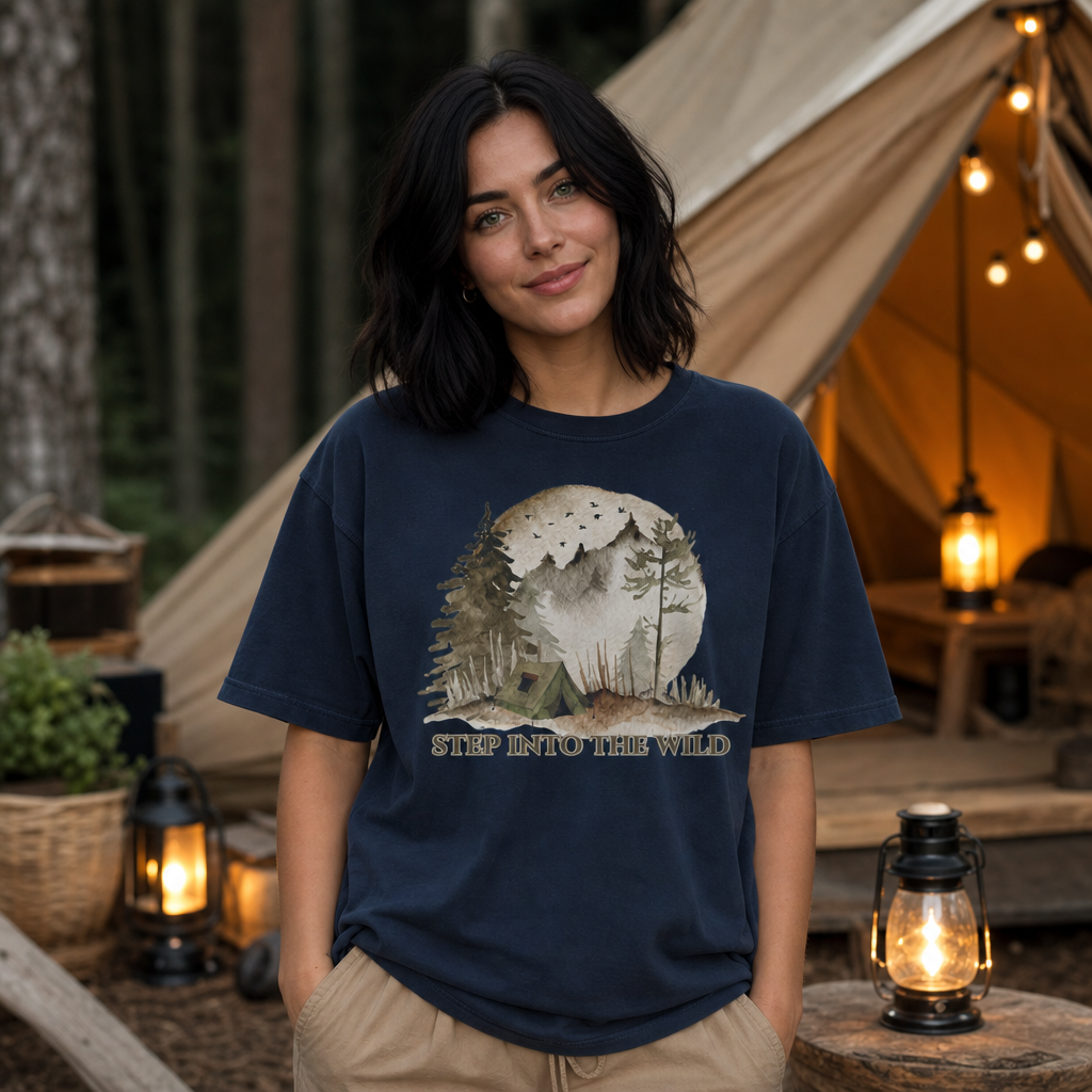 Woman wearing navy Comfort Colors 1717 t-shirt with watercolor camping and forest full moon design, standing by illuminated campsite tent in the woods, by Crossroads Dandelion