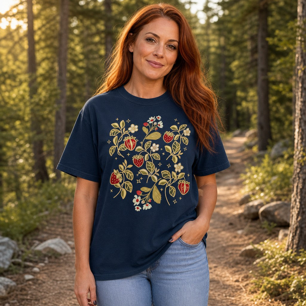Woman in navy Comfort Colors 1717 t-shirt with folk-art strawberries, white blossoms, and golden leaves, surrounded by whimsical stars, walking on a forest trail, by Crossroads Dandelion