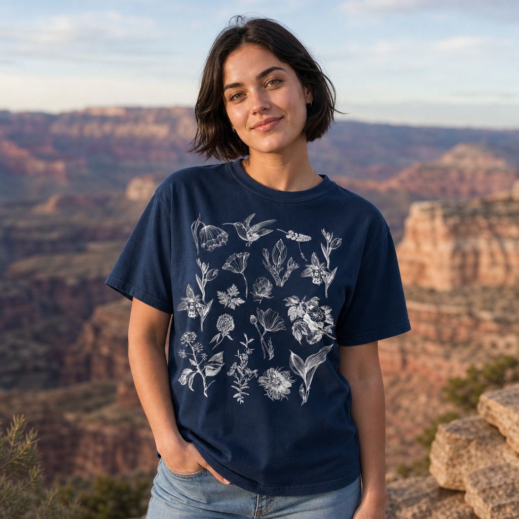 Woman wearing navy Comfort Colors 1717 t-shirt with white vintage botanical and hummingbird illustration, standing at the Grand Canyon, by Crossroads Dandelion