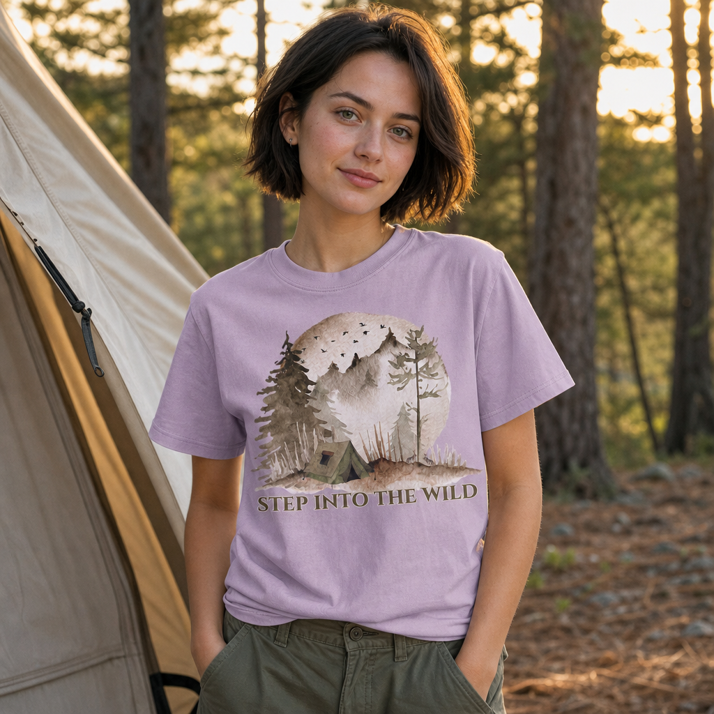 Woman wearing orchid Comfort Colors 1717 t-shirt with watercolor camping tent, pine trees, mountains, and moon design in a rustic pine forest, by Crossroads Dandelion