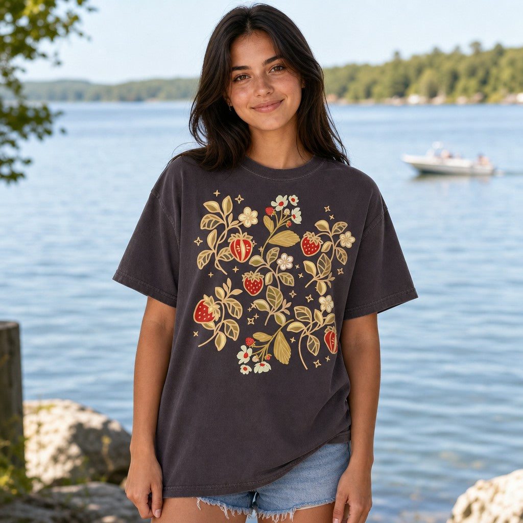 Woman in pepper Comfort Colors 1717 t-shirt featuring folk-art strawberries, white blossoms, golden leaves, and whimsical stars, standing lakeside outdoors, by Crossroads Dandelion