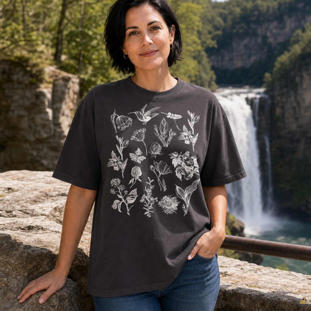 Woman in pepper black Comfort Colors 1717 t-shirt featuring intricate white vintage botanical and hummingbird sketches, standing by a waterfall in nature, by Crossroads Dandelion