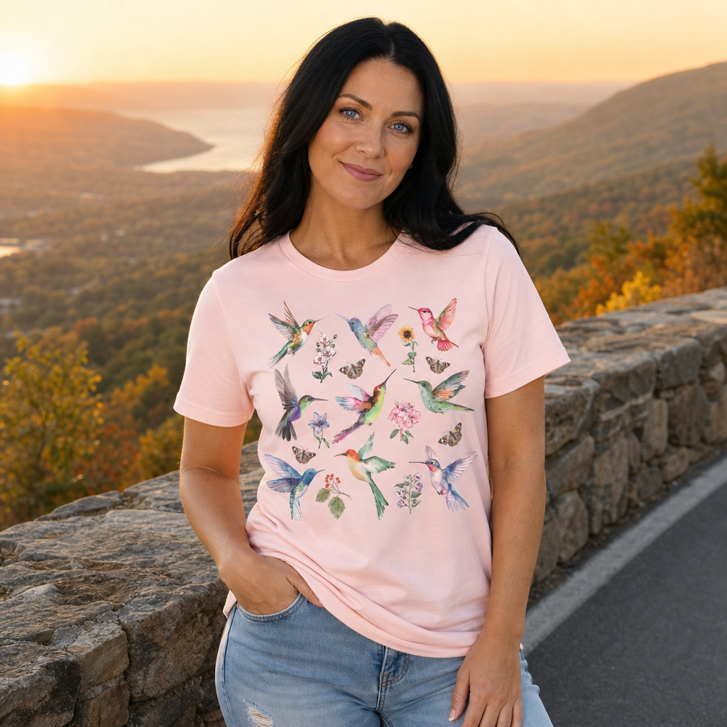 Woman wearing a soft pink Bella Canvas 3001 t-shirt with watercolor hummingbirds, flowers, and butterflies design, standing at a scenic overlook at sunset, by Crossroads Dandelion