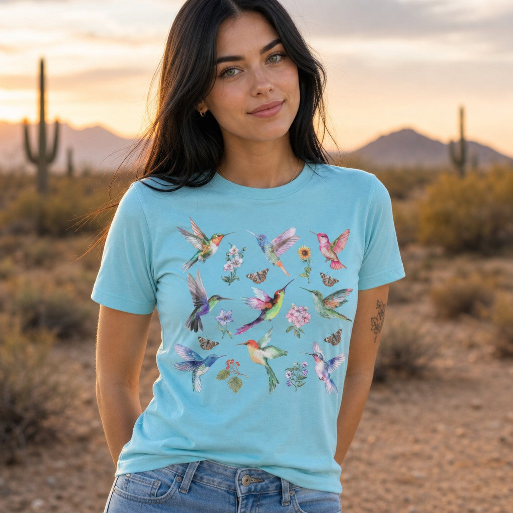 Woman in turquoise Bella Canvas 3001 t-shirt featuring dreamy watercolor hummingbirds, wildflowers, and butterflies design, standing in a desert landscape at sunset, by Crossroads Dandelion
