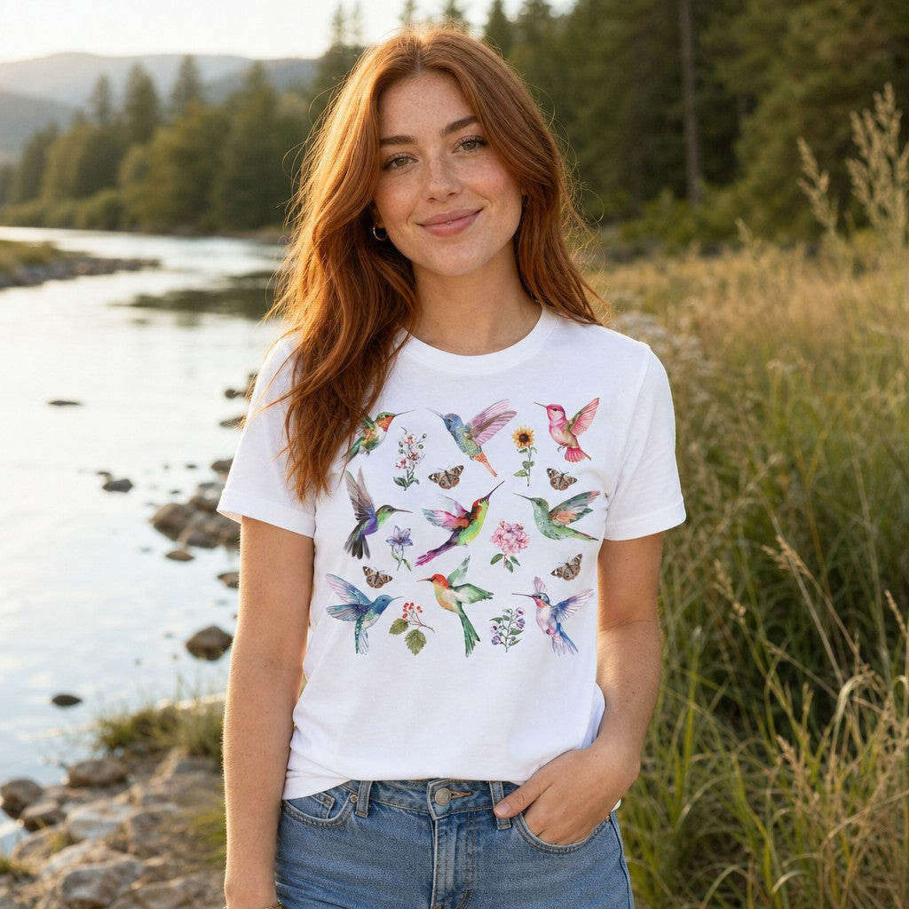 Woman wearing a white Bella Canvas 3001 t-shirt with dreamy watercolor hummingbirds, wildflowers, and butterflies design beside a river in a lush outdoor setting, by Crossroads Dandelion