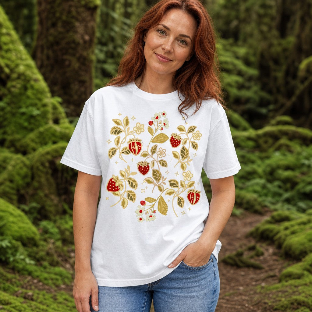 Woman wearing a white Comfort Colors 1717 t-shirt with a folk-art inspired strawberry and floral gold leaf design in a lush green forest, by Crossroads Dandelion